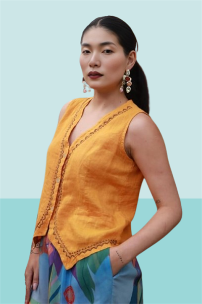 İşlemeli Keten Yelek Turuncu