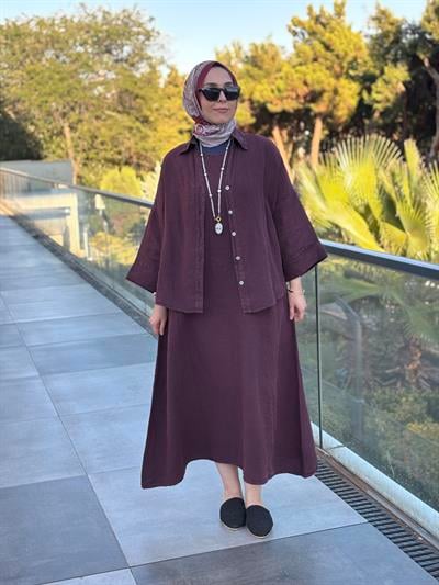 Keten Gömlek Elbise İkili Takım Bordo