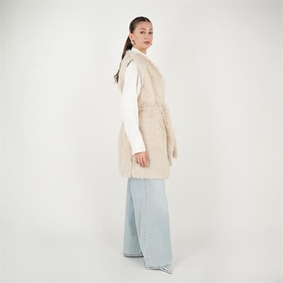 Kisya Tüylü Bağlamalı Yelek Krem