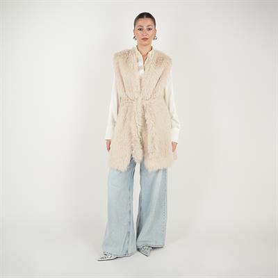 Kisya Tüylü Bağlamalı Yelek Krem