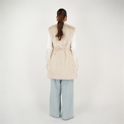 Kisya Tüylü Bağlamalı Yelek Krem