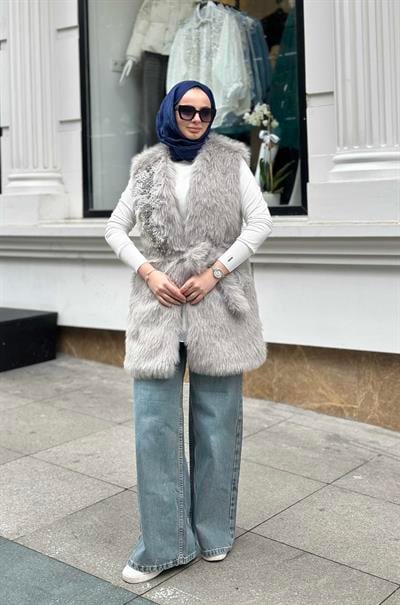 Kisya Yelek Gri İşlemeli