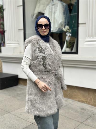 Kisya Yelek Gri İşlemeli