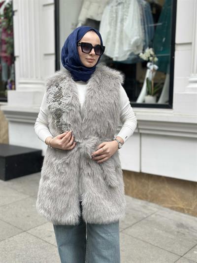 Kisya Yelek Gri İşlemeli