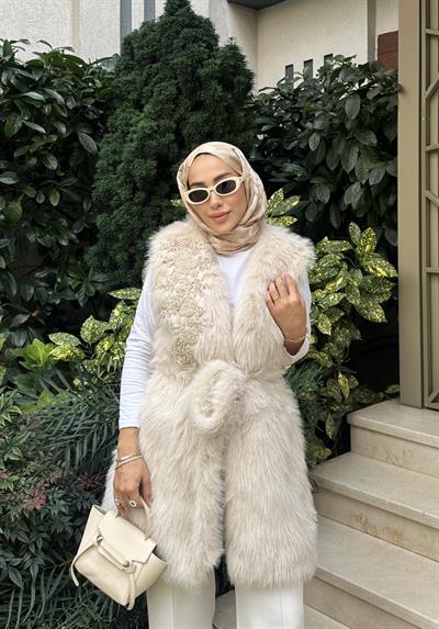 Kisya Yelek Krem İşlemeli