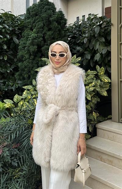 Kisya Yelek Krem İşlemeli