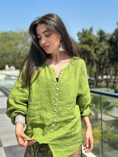 Oversize Yeşil Keten Gömlek - Şal Desenli Şalvar Takım