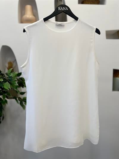 Şifonlu Penye Kolsuz Tunik Beyaz