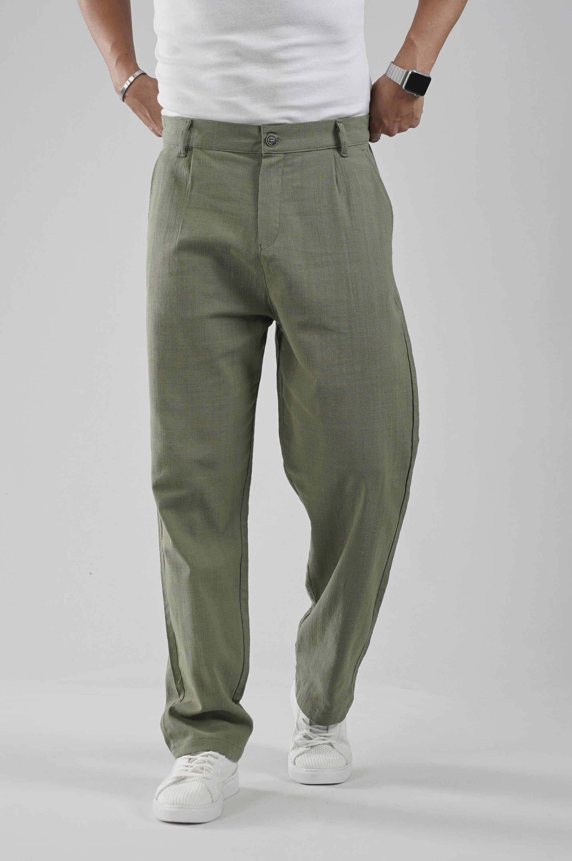 Baggy Fit Kalıp Pamuklu Keten Pantolon
