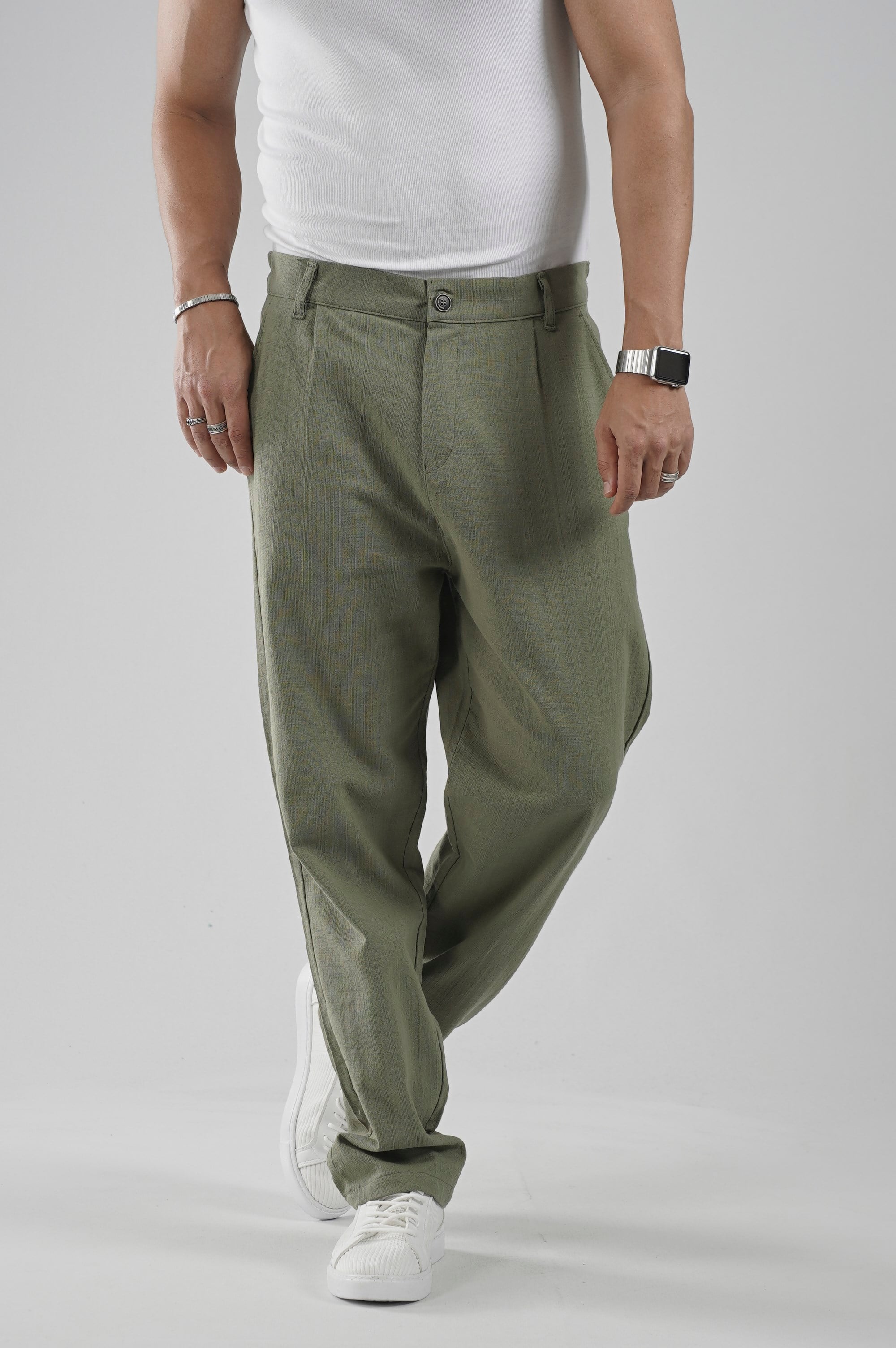 Baggy Fit Kalıp Pamuklu Keten Pantolon