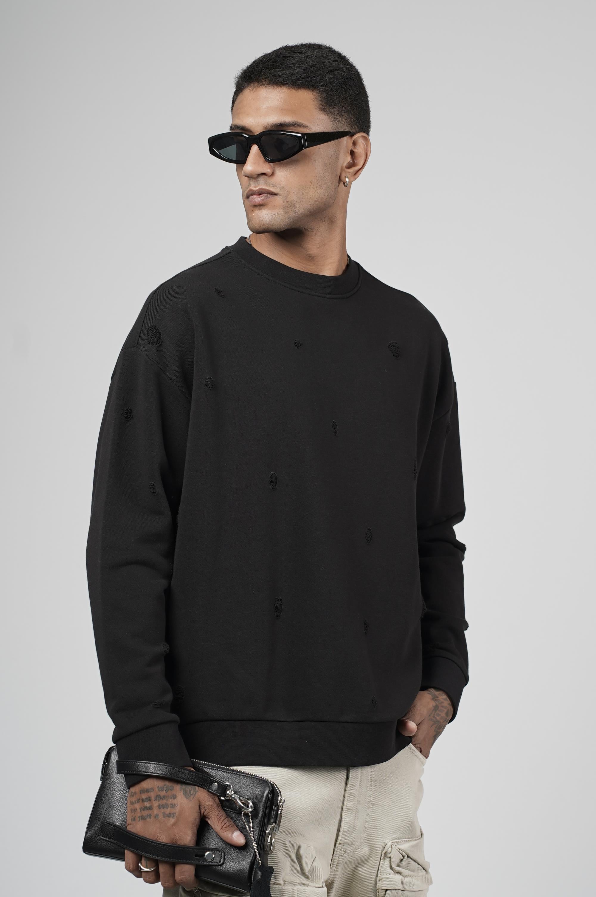 Bisiklet Yaka Lazerli Oversize Kalıp Erkek Sweatshirt