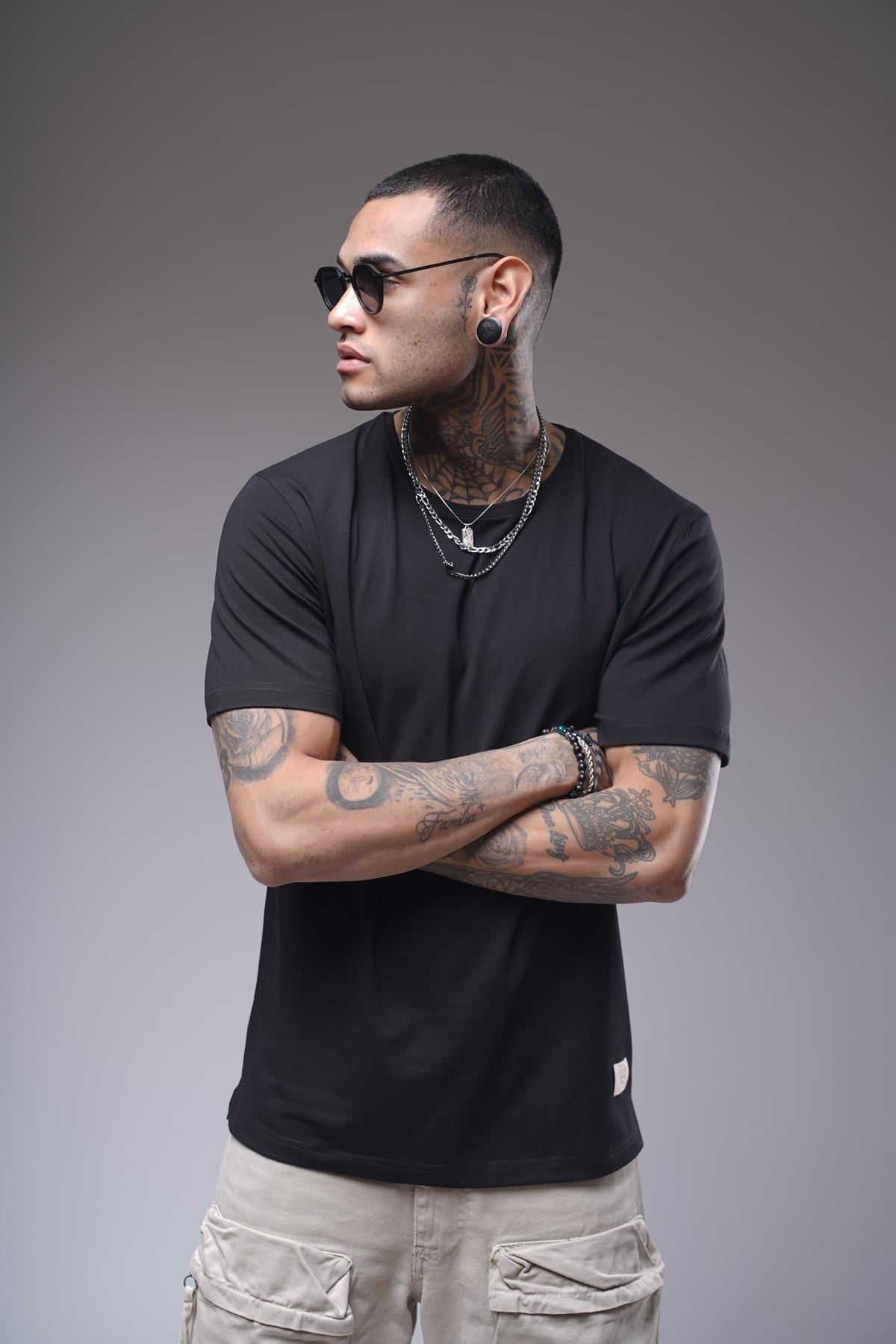 Bisiklet Yaka Likralı Düz Basic Erkek Regular Kalıp Tişört