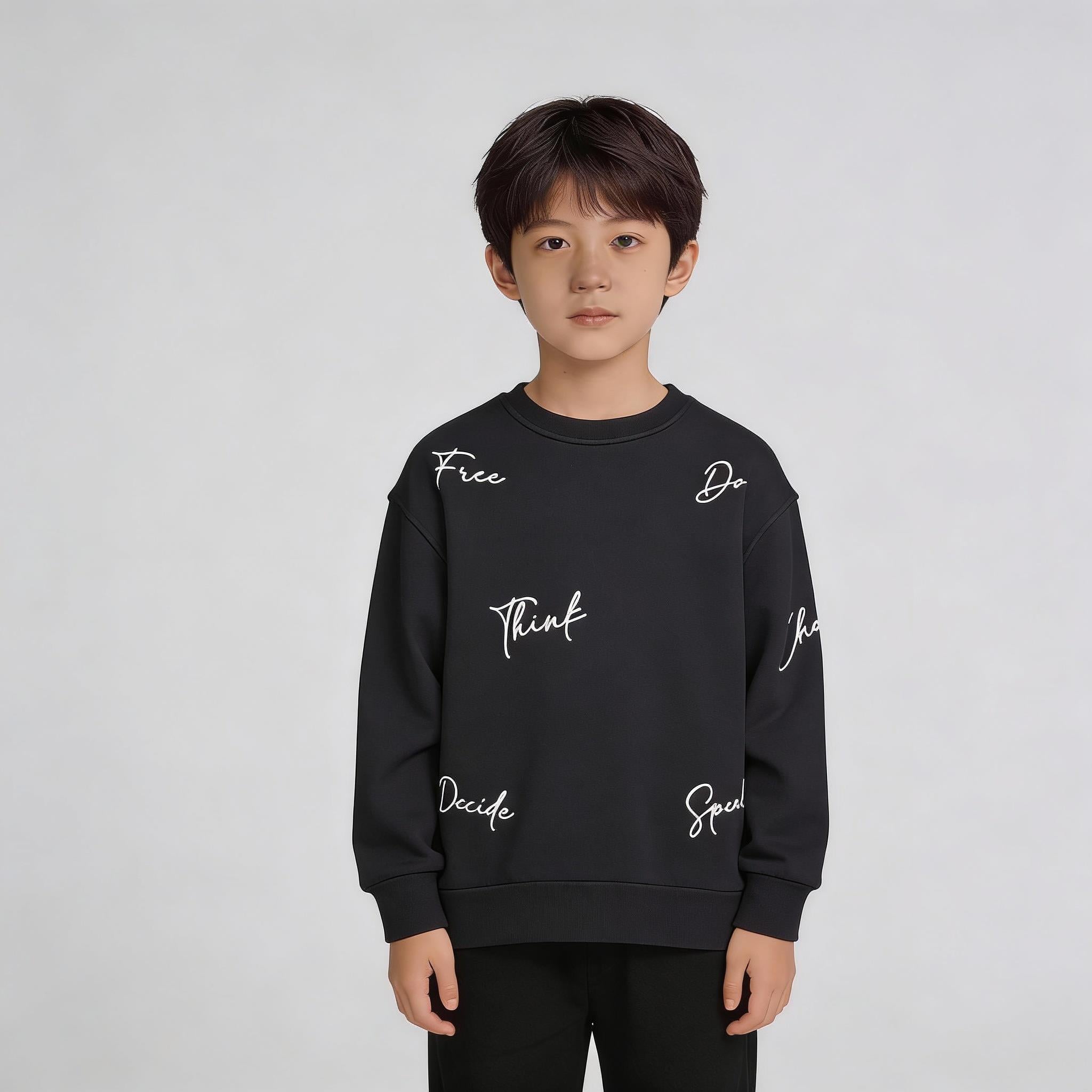 Bisiklet Yaka Nakışlı Oversize Kalıp Çocuk Sweatshirt