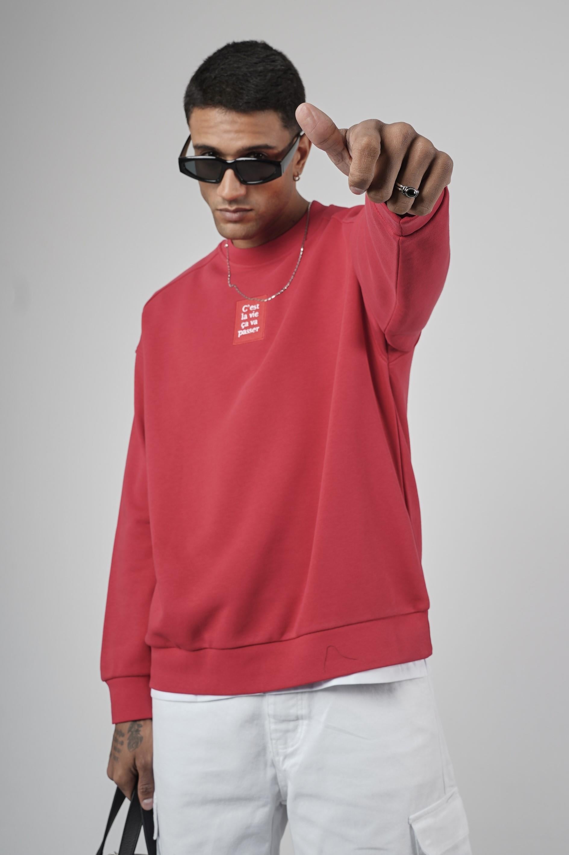 Bisiklet Yaka Önü Etiket Detaylı Oversize Basic Erkek Sweatshirt