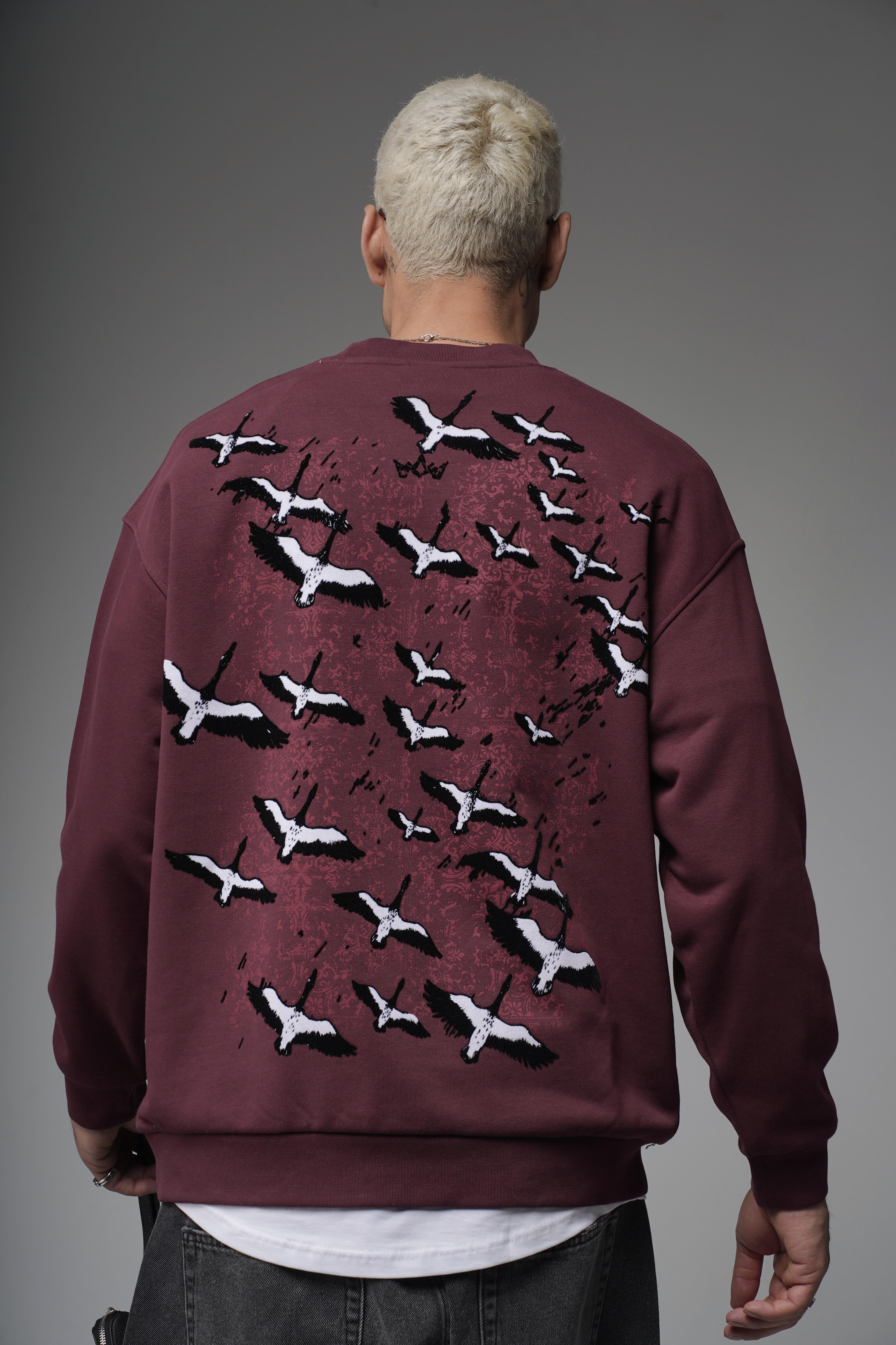 Bisiklet Yaka Sırtı Leylek Baskılı Nakışlı Oversize Kalıp Sweatshirt