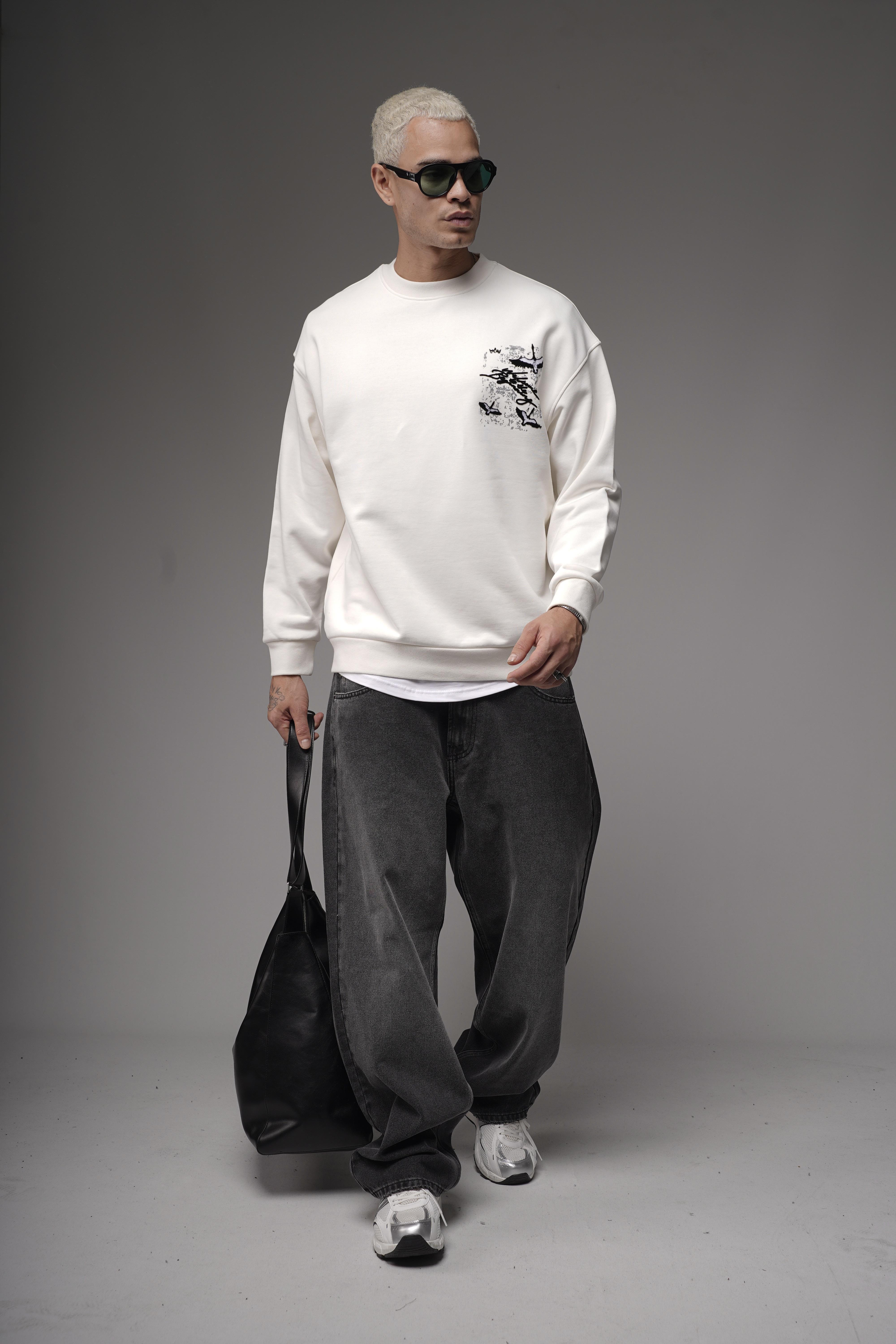 Bisiklet Yaka Sırtı Leylek Baskılı Nakışlı Oversize Kalıp Sweatshirt