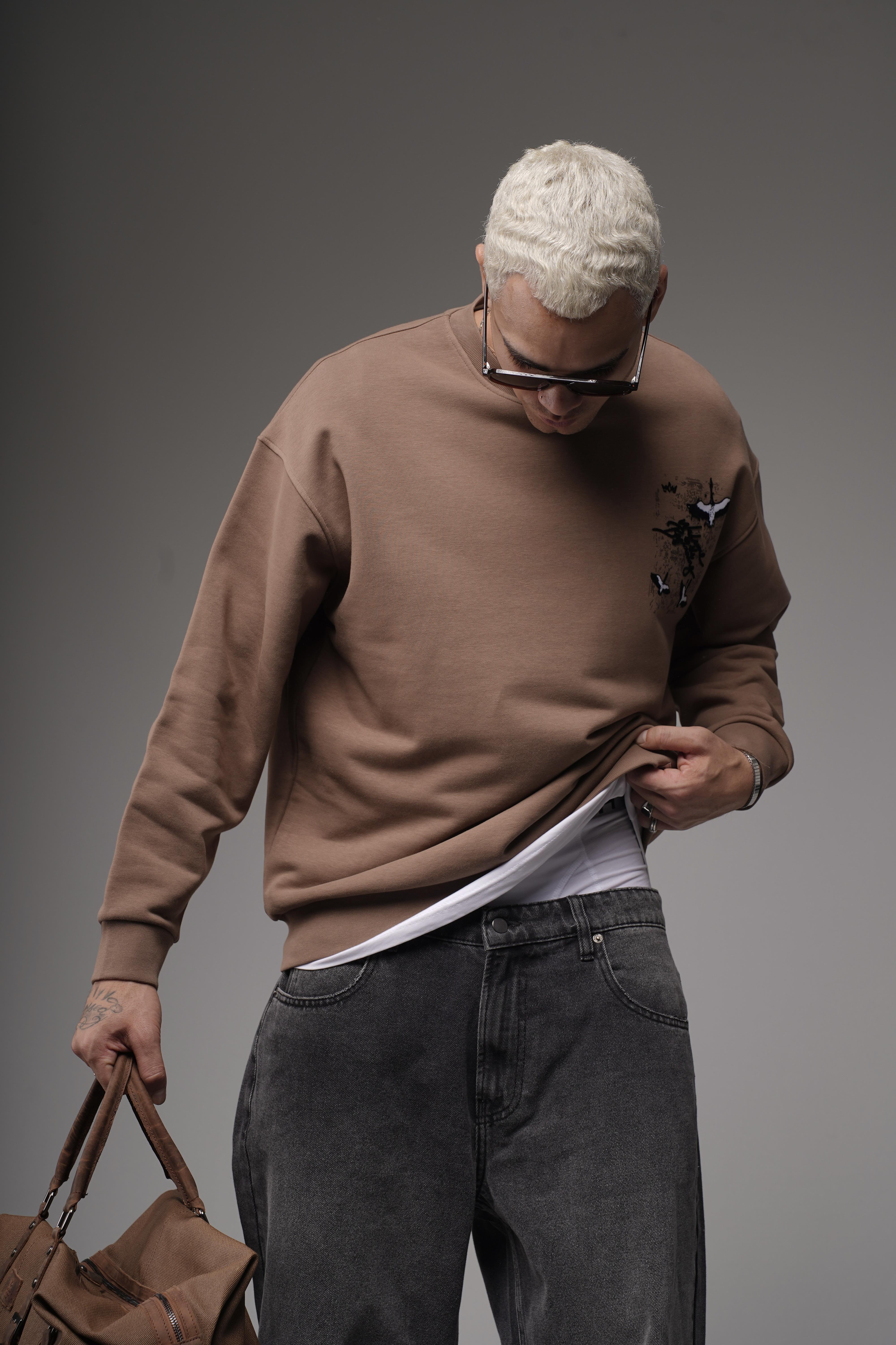 Bisiklet Yaka Sırtı Leylek Baskılı Nakışlı Oversize Kalıp Sweatshirt