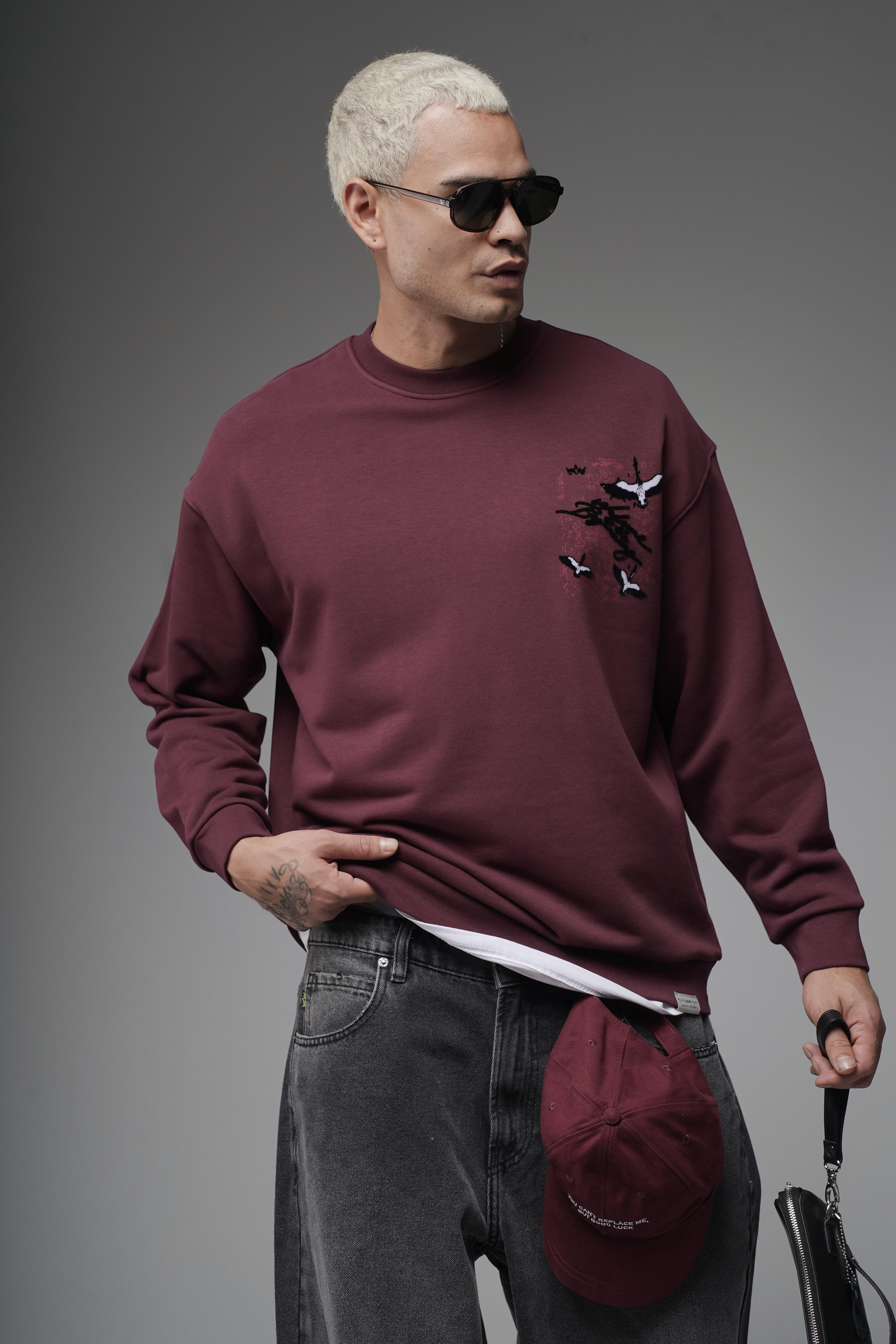 Bisiklet Yaka Sırtı Leylek Baskılı Nakışlı Oversize Kalıp Sweatshirt