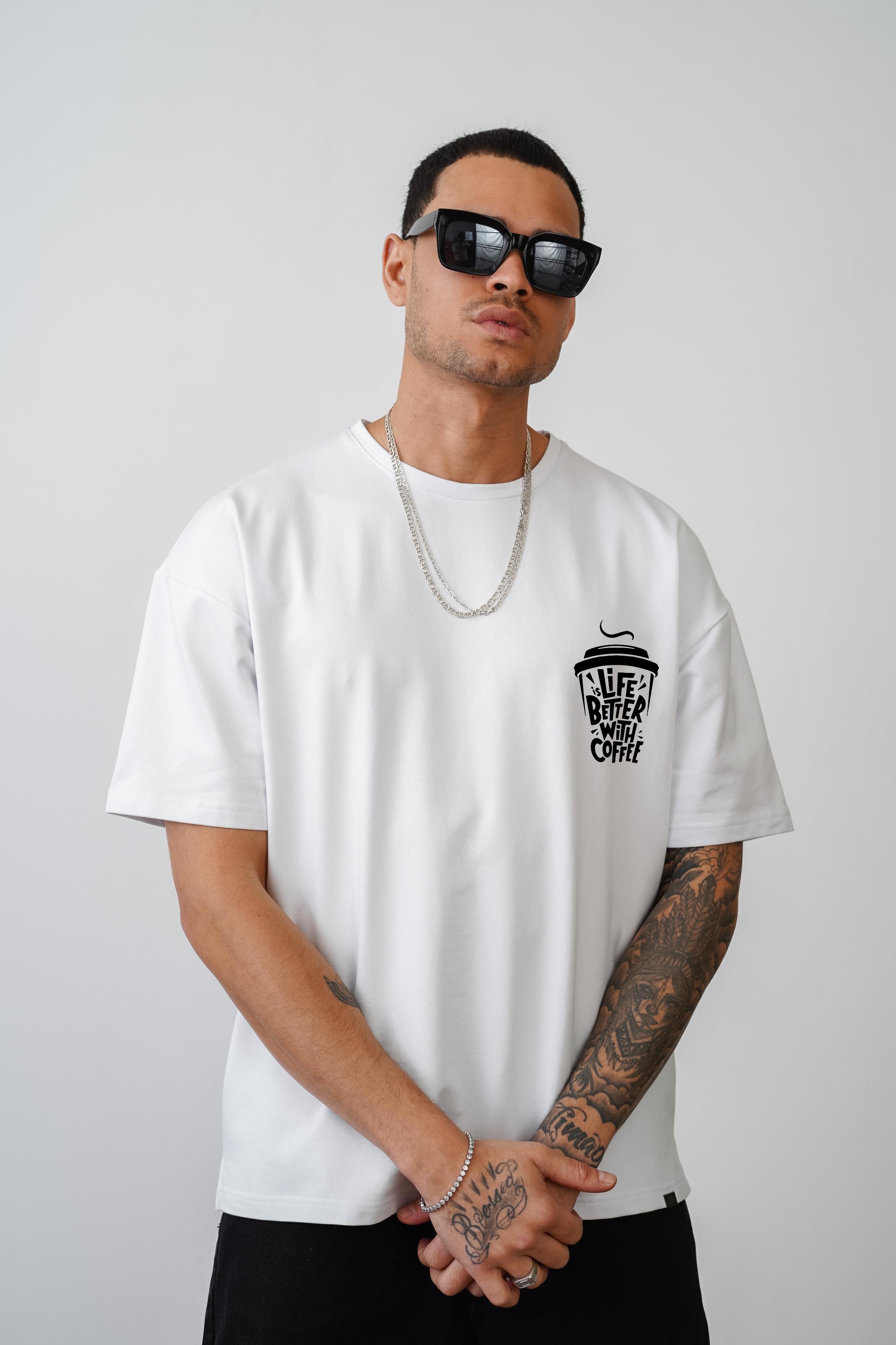 Coffee Cup Baskılı Unisex Oversize Kalıp Tişört