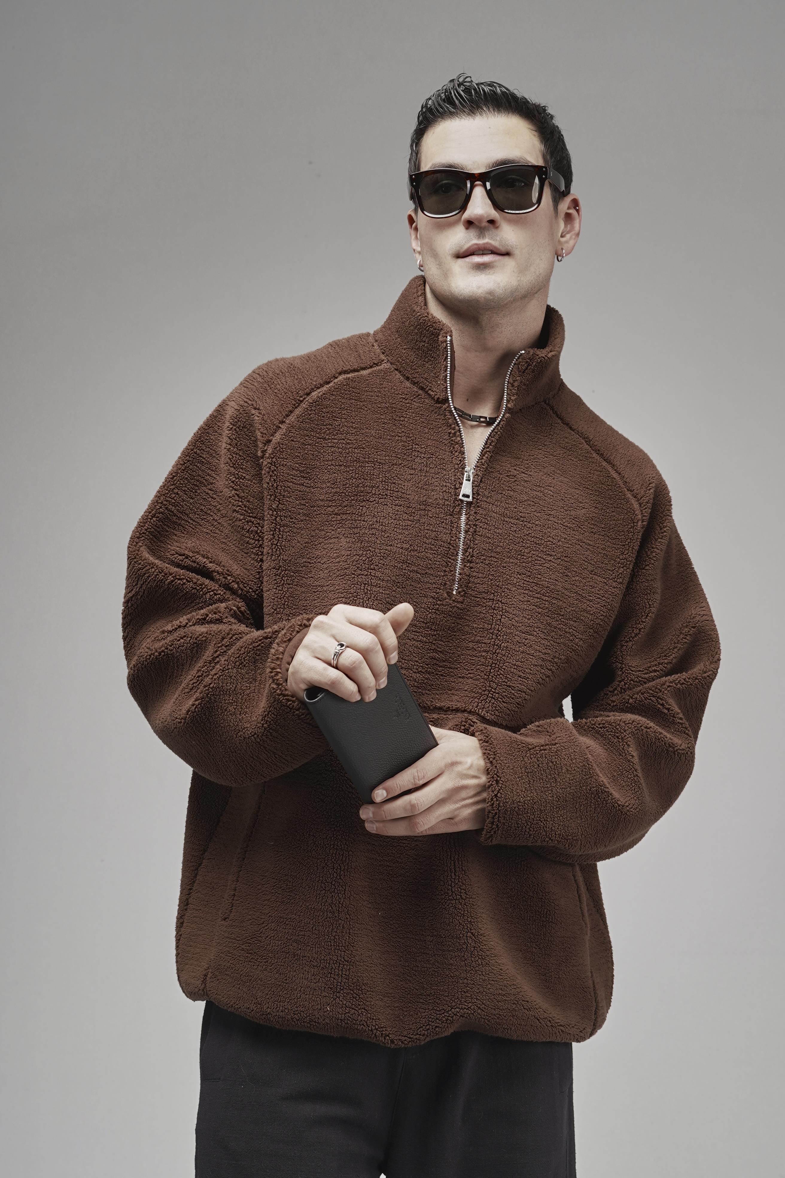 Dik Yaka Fermuarlı Cepli Reglan Kol Oversize Kalıp Erkek Polar