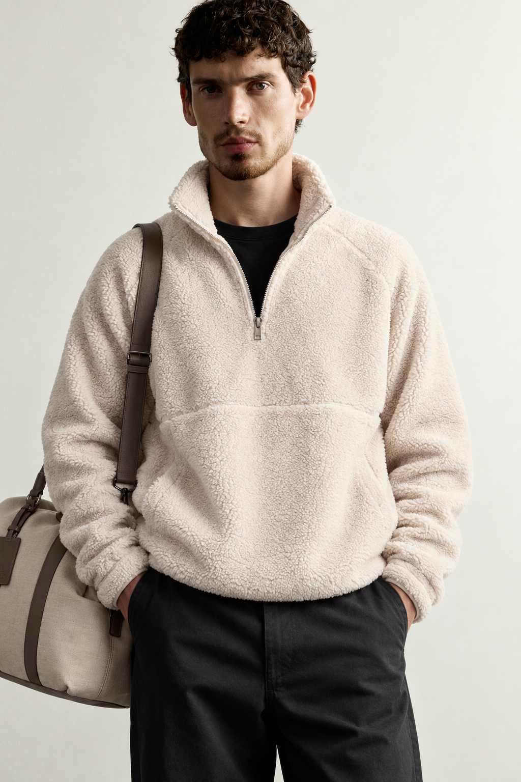 Dik Yaka Fermuarlı Cepli Reglan Kol Oversize Kalıp Erkek Polar
