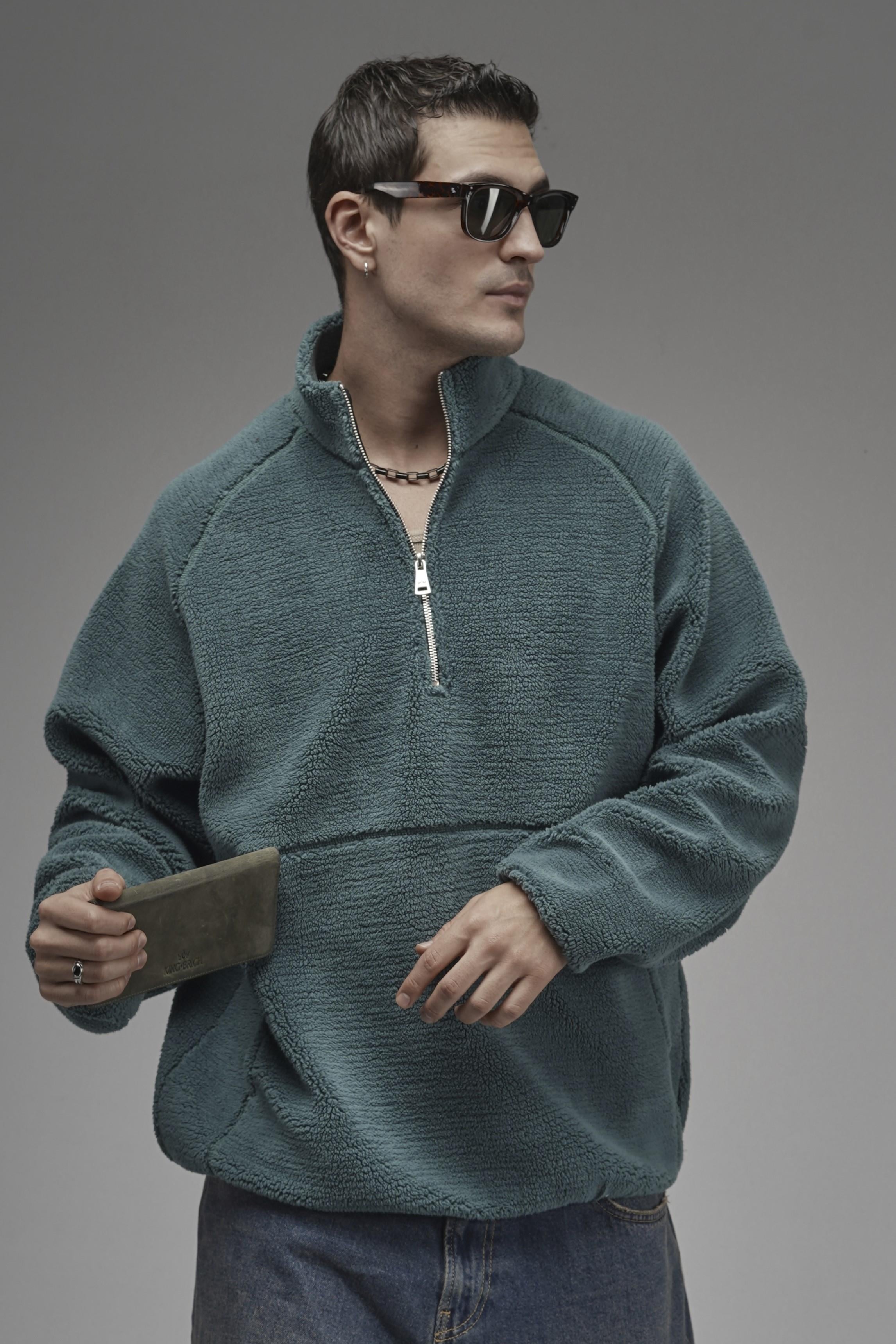 Dik Yaka Fermuarlı Cepli Reglan Kol Oversize Kalıp Erkek Polar