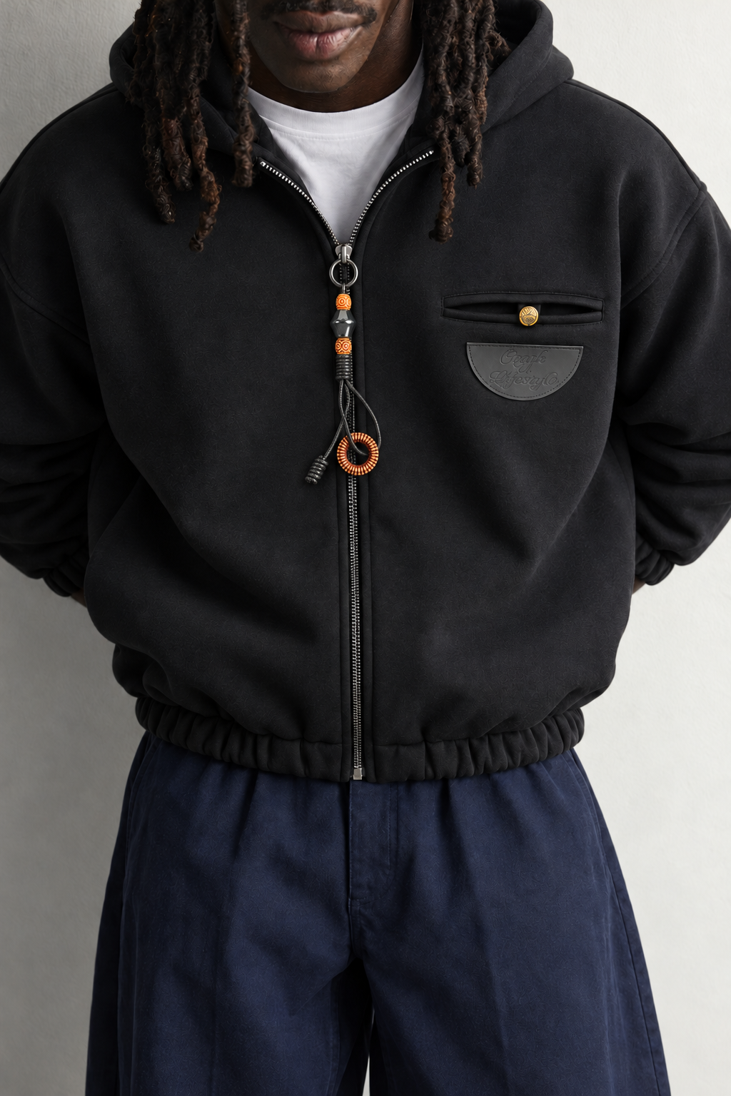 Erkek Deri Cep Detaylı Fermuarlı Şardonlu Kapüşonlu Oversize Sweatshirt