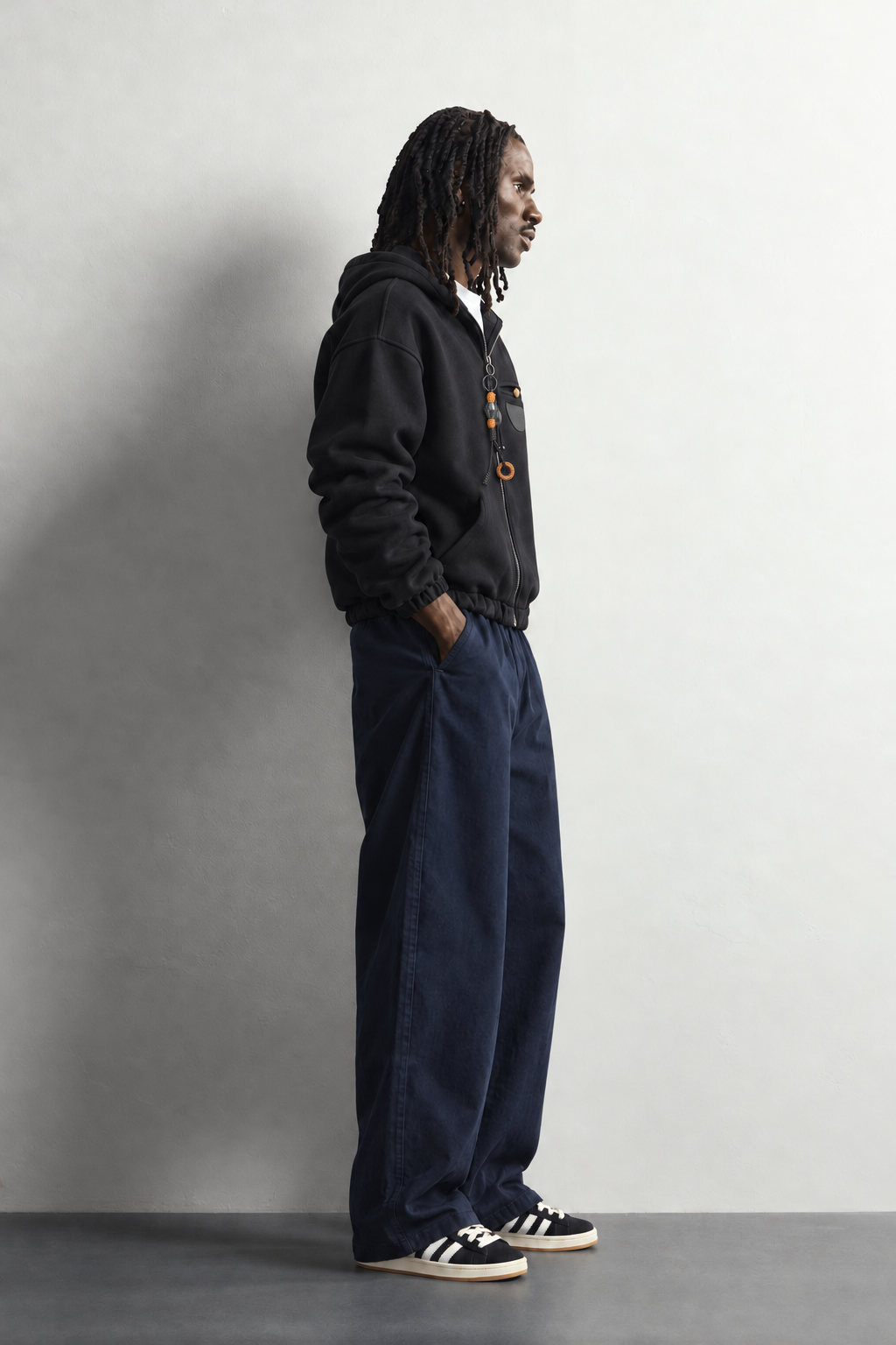 Erkek Deri Cep Detaylı Fermuarlı Şardonlu Kapüşonlu Oversize Sweatshirt