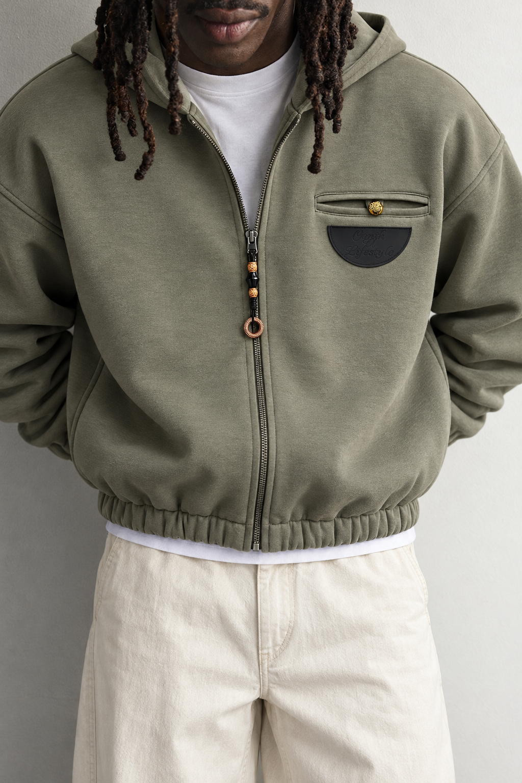 Erkek Deri Cep Detaylı Fermuarlı Şardonlu Kapüşonlu Oversize Sweatshirt