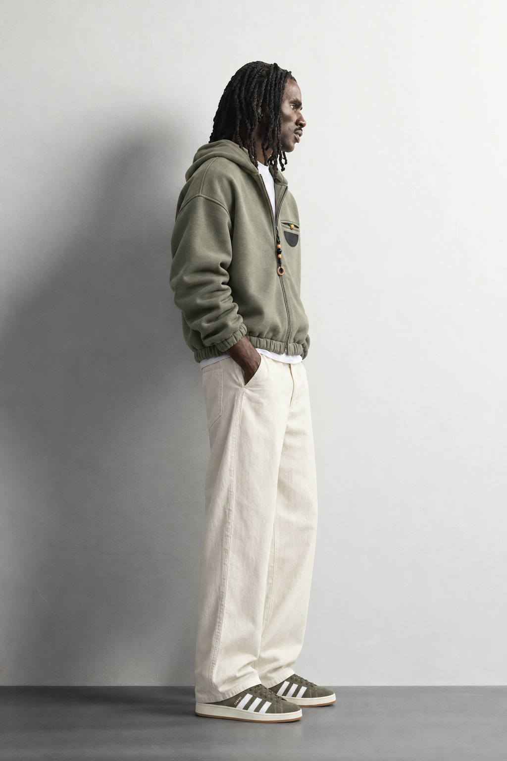 Erkek Deri Cep Detaylı Fermuarlı Şardonlu Kapüşonlu Oversize Sweatshirt