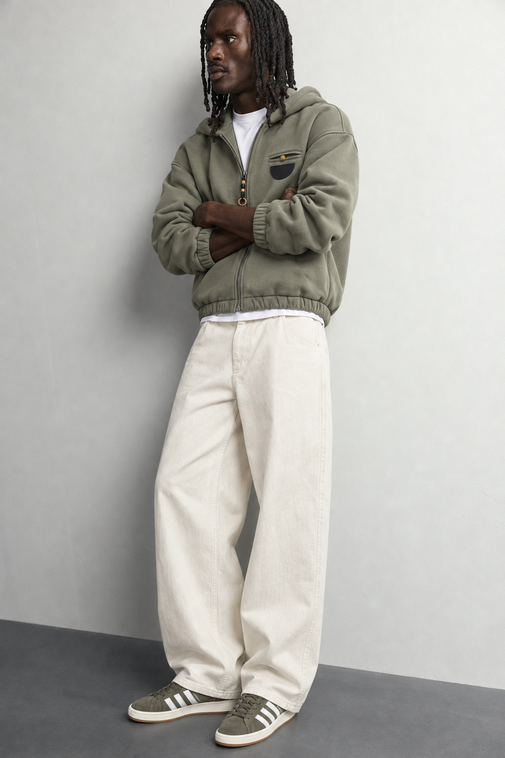 Erkek Deri Cep Detaylı Fermuarlı Şardonlu Kapüşonlu Oversize Sweatshirt
