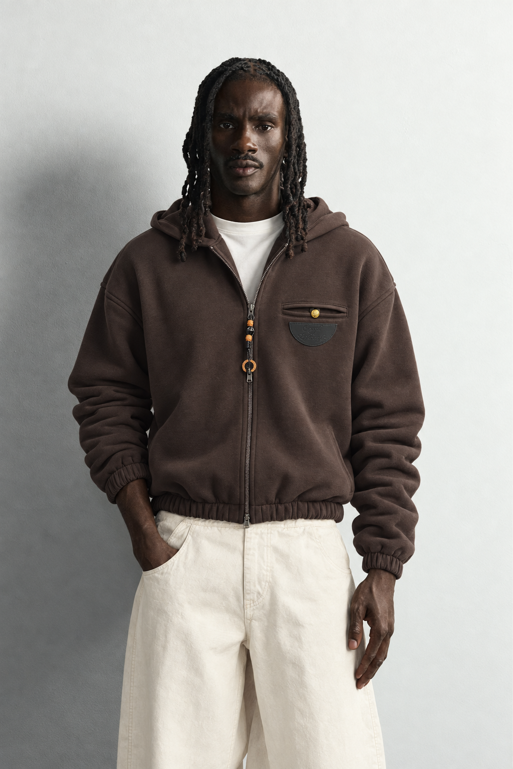 Erkek Deri Cep Detaylı Fermuarlı Şardonlu Kapüşonlu Oversize Sweatshirt