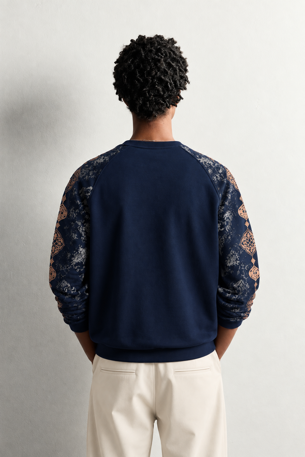 Erkek Kolu Etnik Desen Baskılı Bisiklet Yaka Oversize Sweatshirt