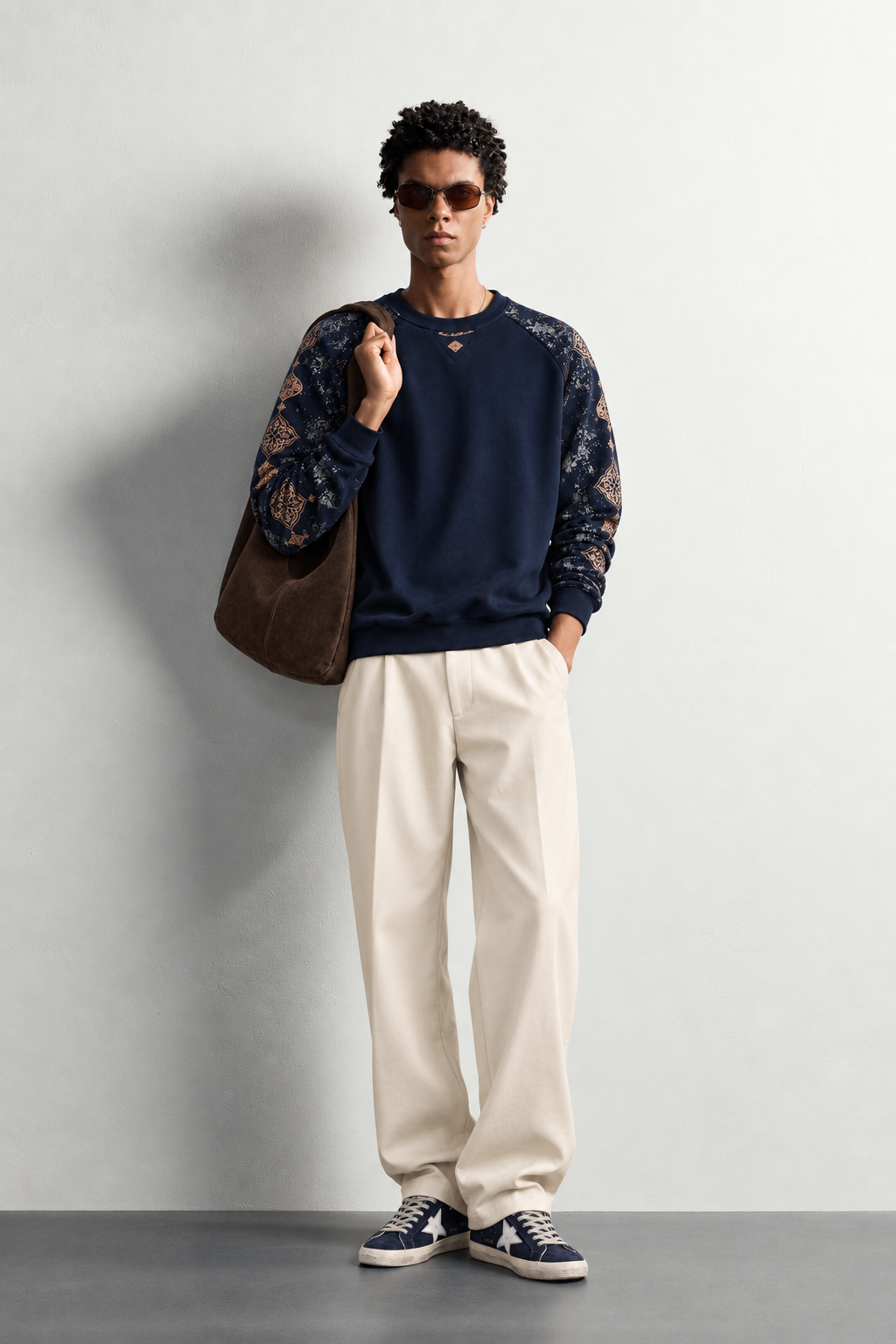 Erkek Kolu Etnik Desen Baskılı Bisiklet Yaka Oversize Sweatshirt