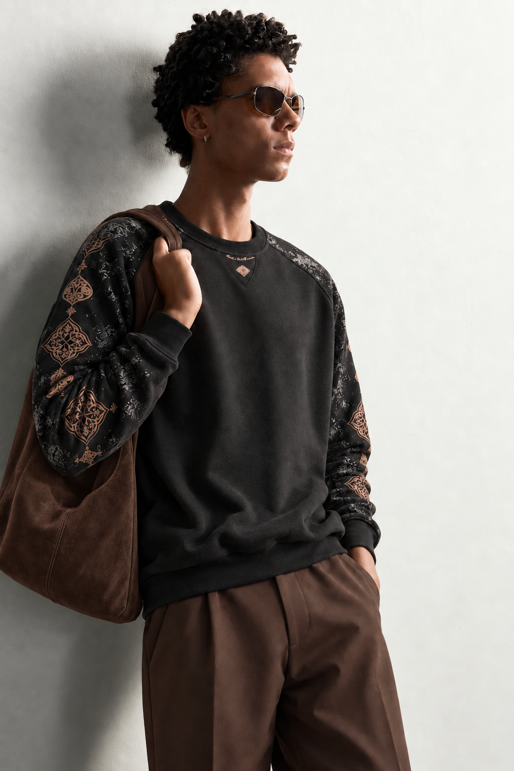 Erkek Kolu Etnik Desen Baskılı Bisiklet Yaka Oversize Sweatshirt