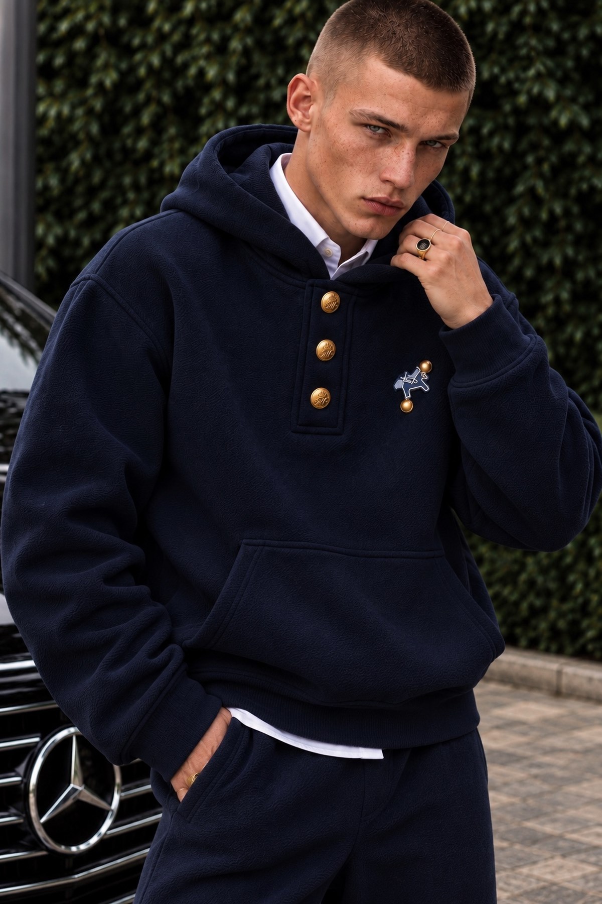 Erkek Premium Oversize Kapüşonlu İçi Şardonlu Düğmeli Sweatshirt