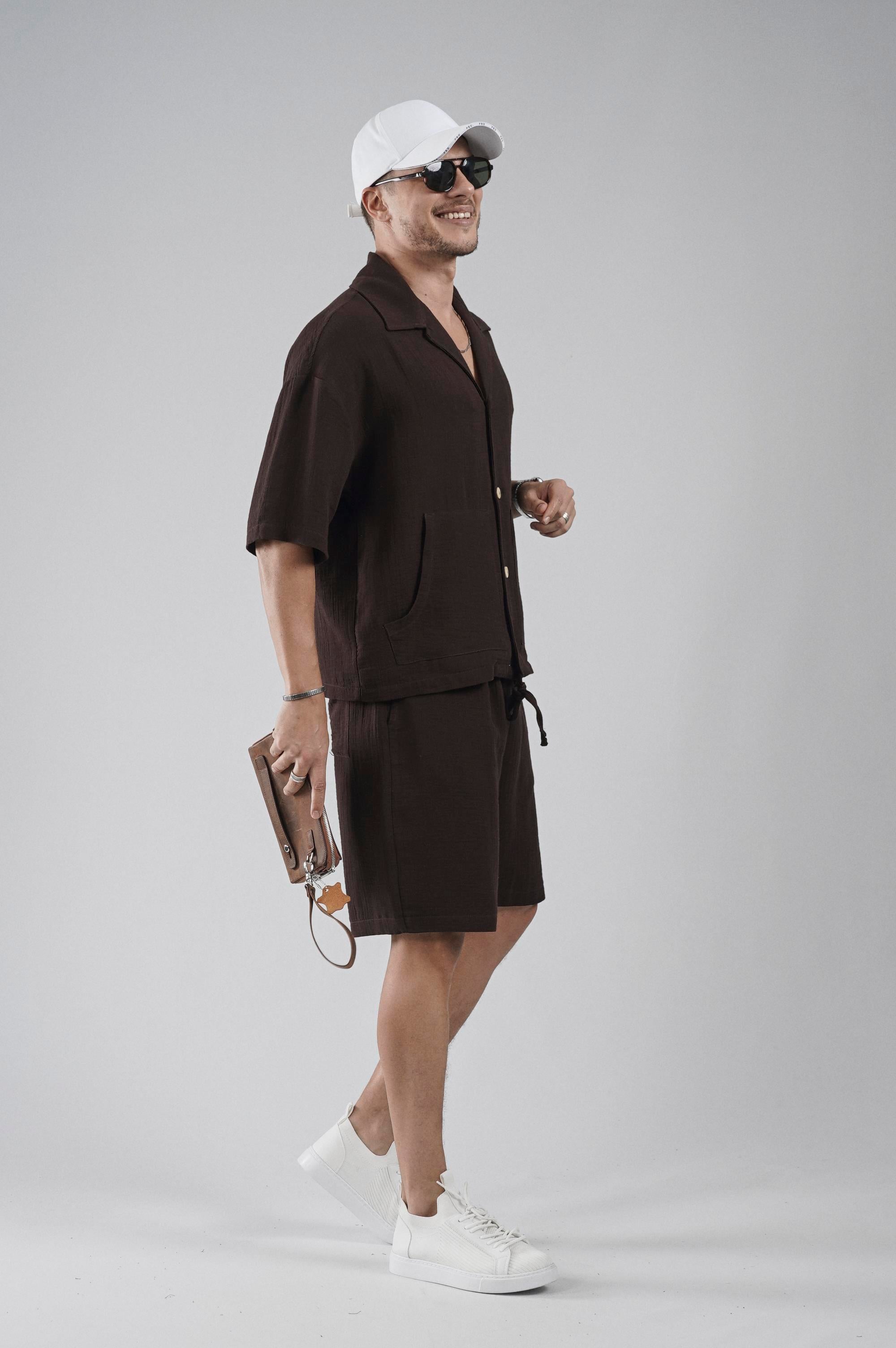 Kanguru Cepli Oversize Kalıp Erkek Gömlek Şort Alt Üst Takım