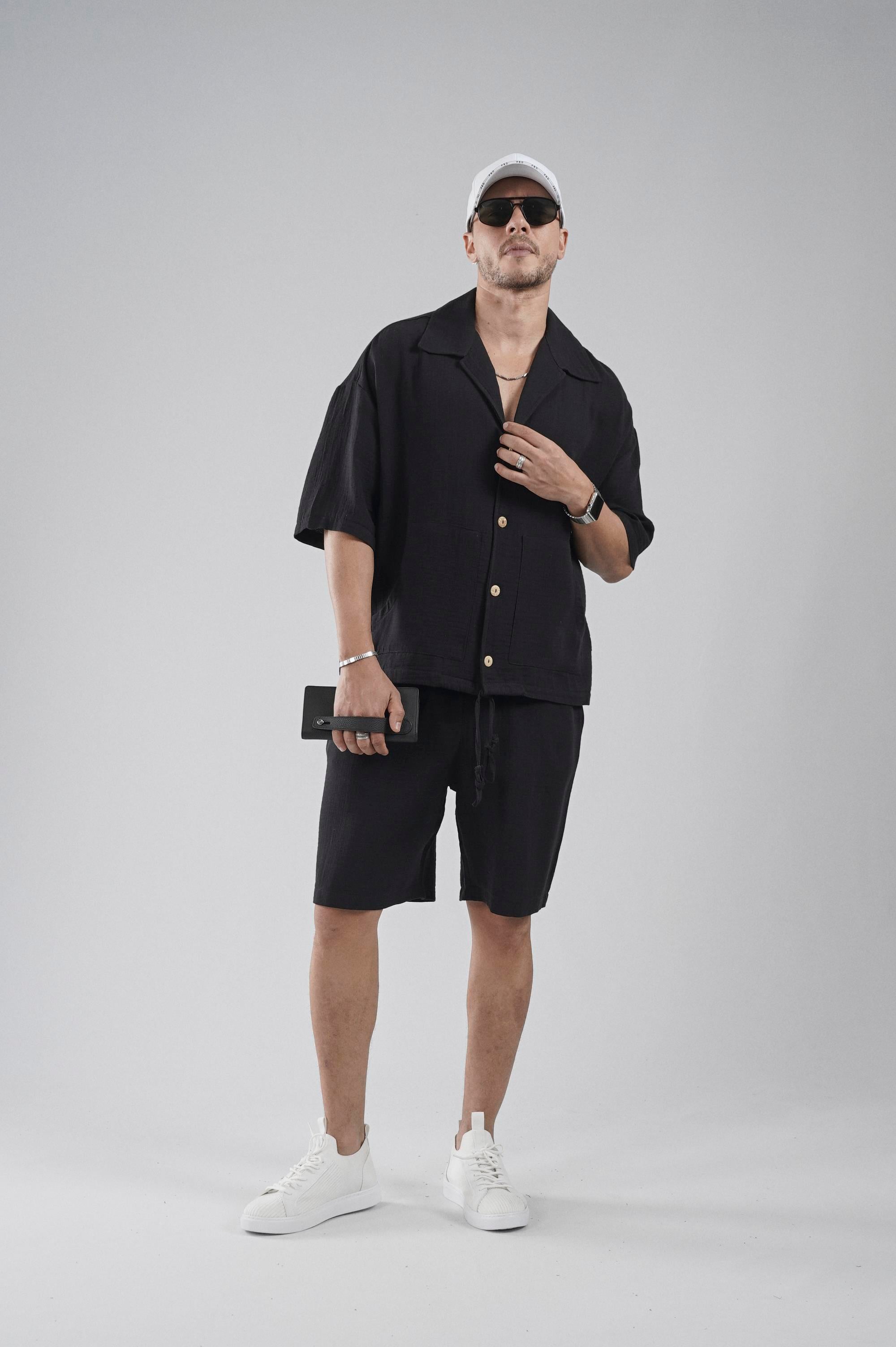 Kanguru Cepli Oversize Kalıp Erkek Gömlek Şort Alt Üst Takım