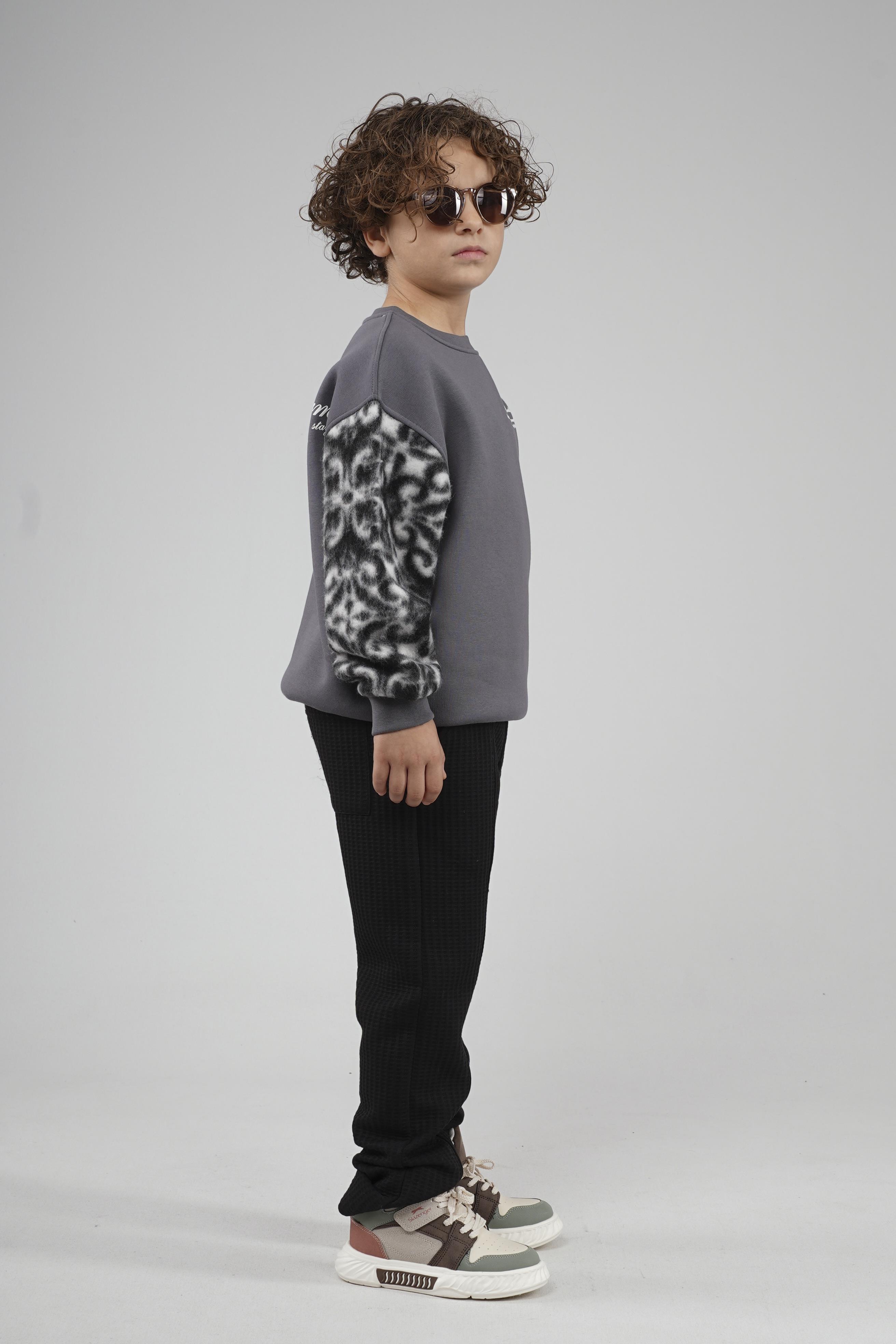Kingbrich Kids Bisiklet Yaka Kolu Garnili Baskılı Çocuk Sweatshirt