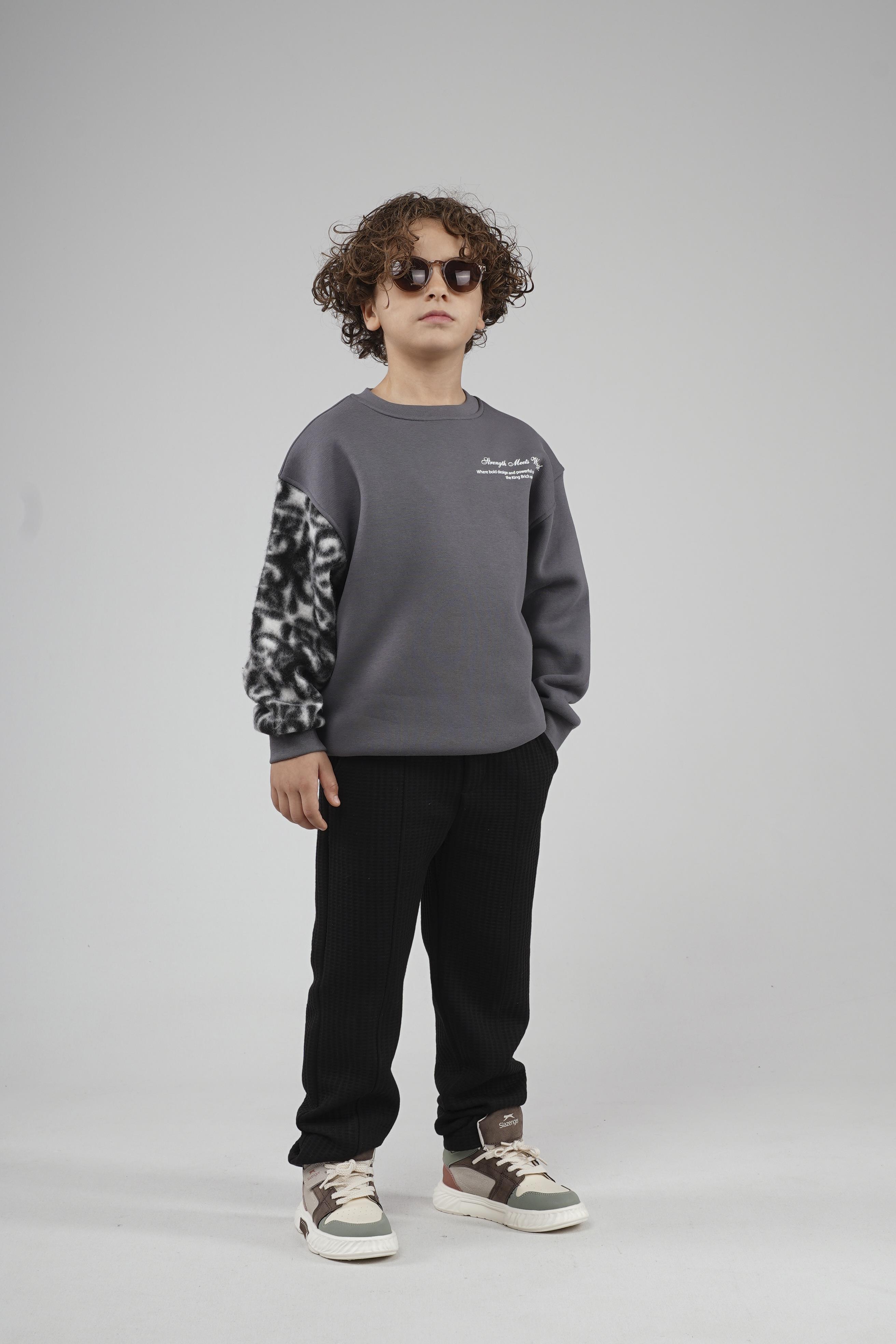 Kingbrich Kids Bisiklet Yaka Kolu Garnili Baskılı Çocuk Sweatshirt