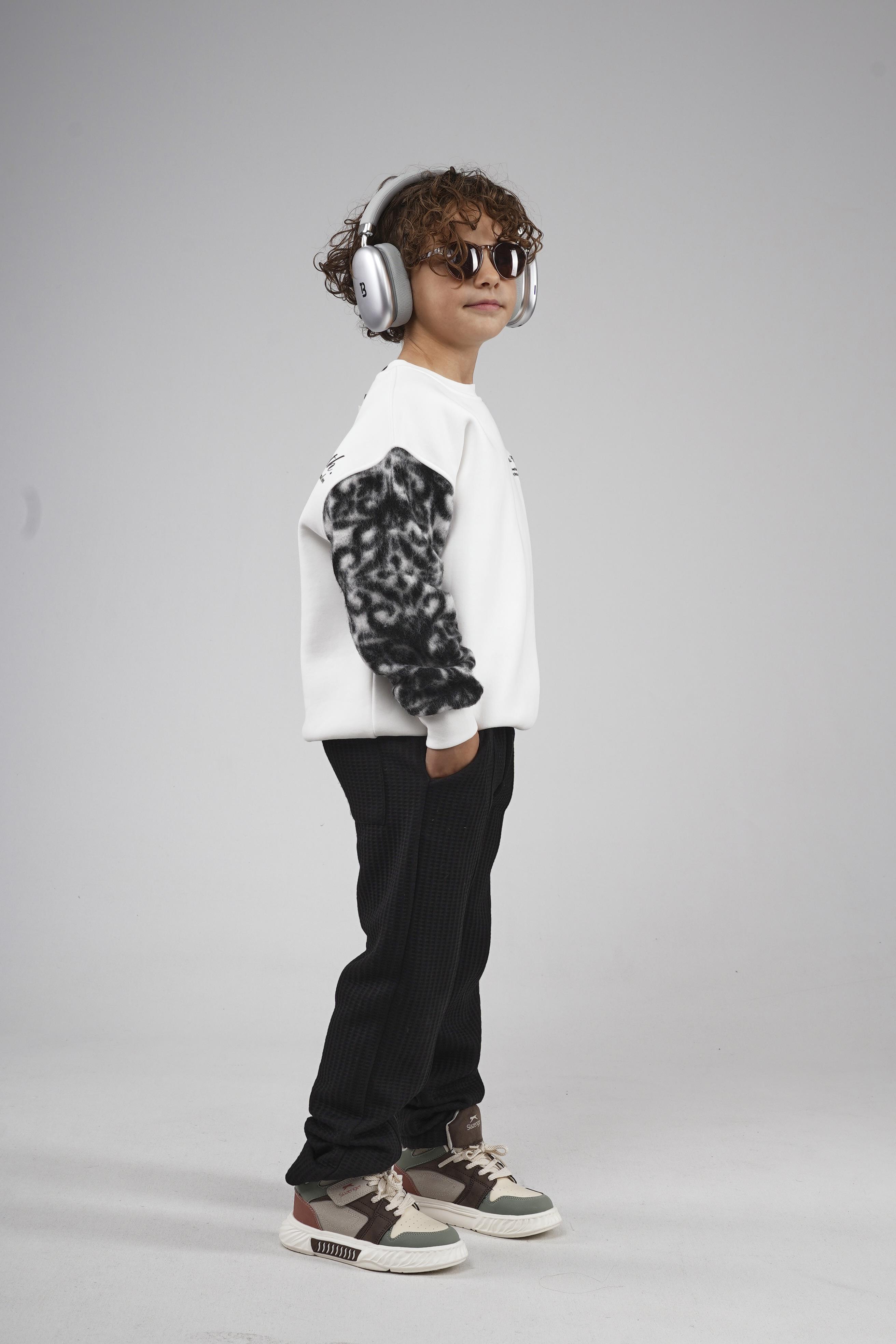 Kingbrich Kids Bisiklet Yaka Kolu Garnili Baskılı Çocuk Sweatshirt
