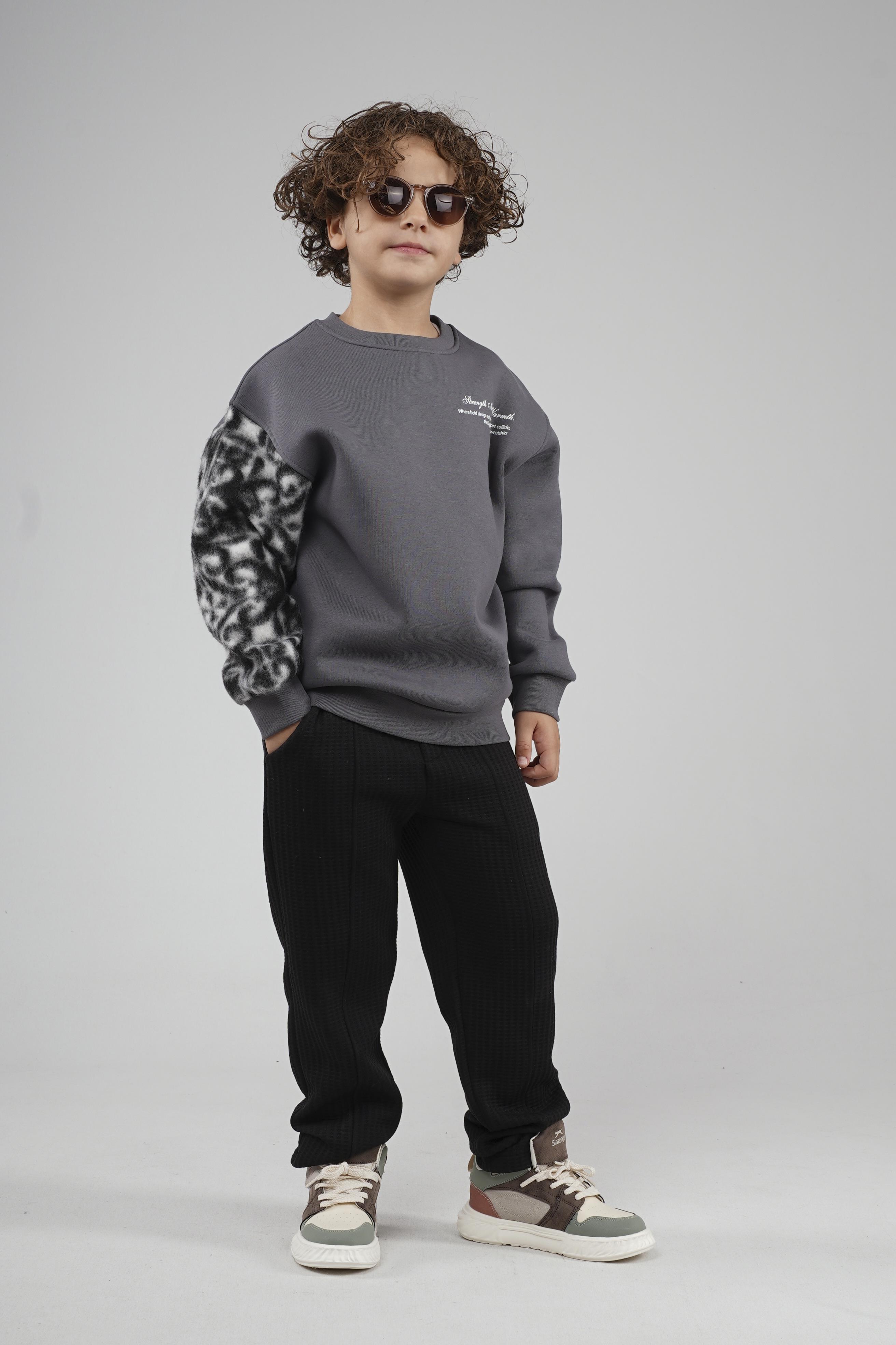 Kingbrich Kids Bisiklet Yaka Kolu Garnili Baskılı Çocuk Sweatshirt