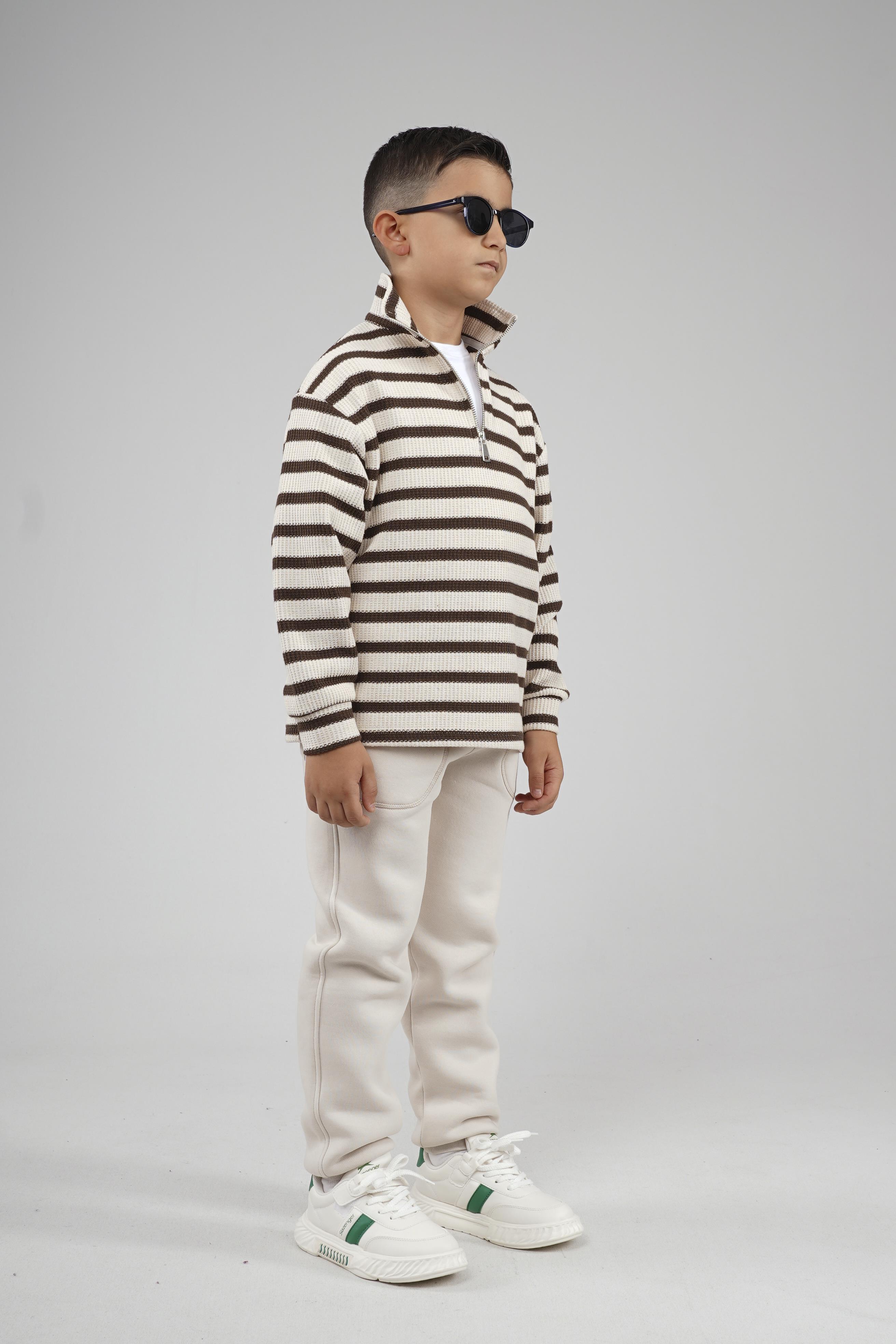 Kingbrich Kids Oversize Kalıp Çizgili Yakası Fermuarlı Sweatshirt