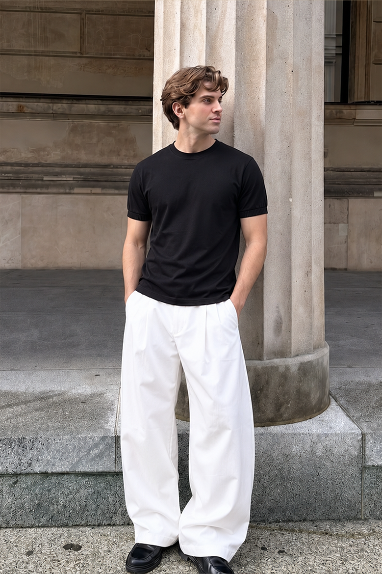 Slim Fit Kalıp Kolu Ribanalı Basic %100 Pamuklu Tişört