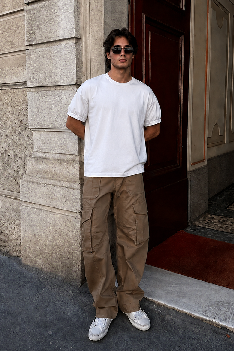 Slim Fit Kalıp Kolu Ribanalı Basic %100 Pamuklu Tişört