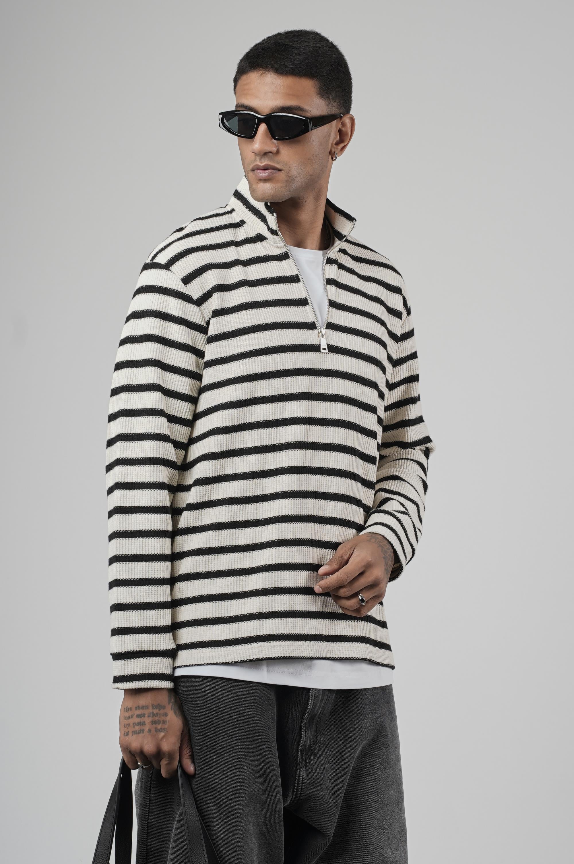 Yarım Fermuarlı Çizgili Regular Kalıp Jakarlı Sweatshirt