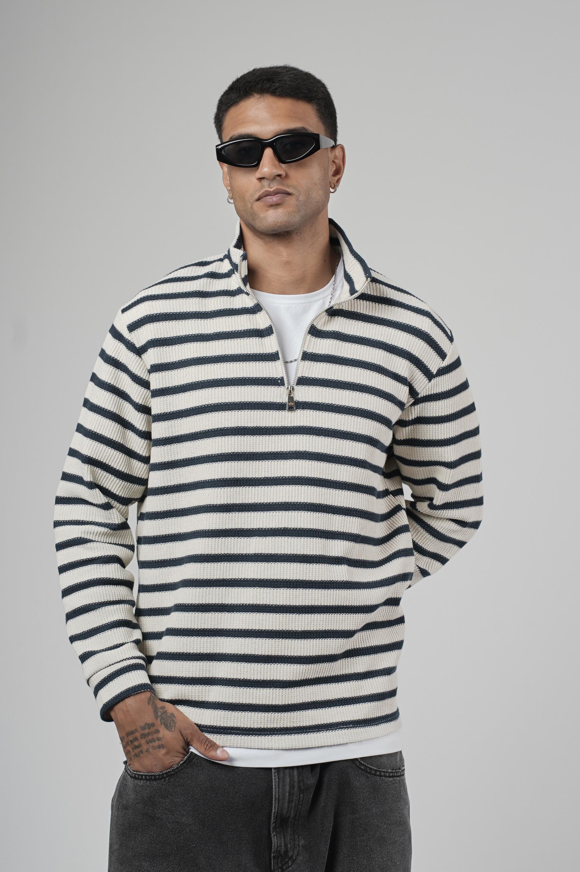 Yarım Fermuarlı Çizgili Regular Kalıp Jakarlı Sweatshirt