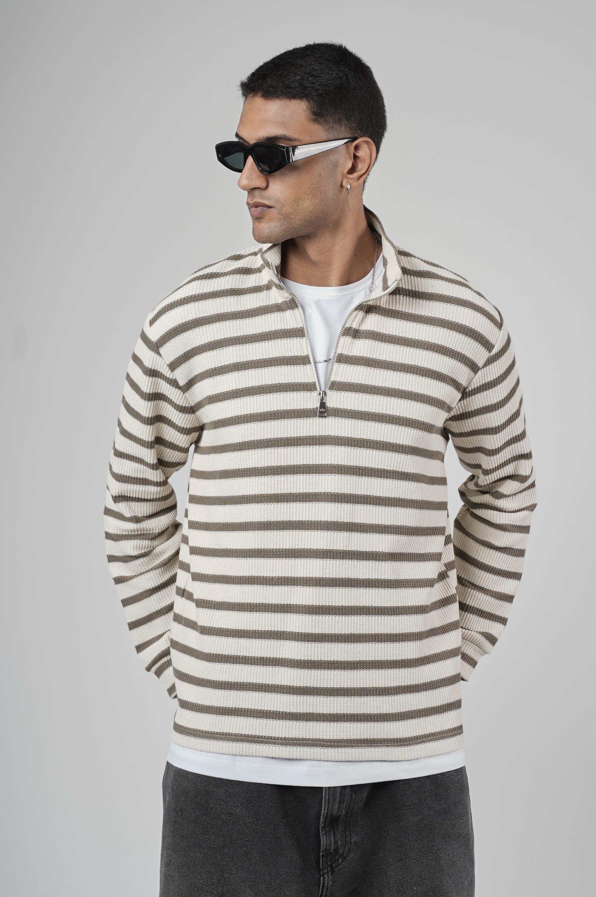 Yarım Fermuarlı Çizgili Regular Kalıp Jakarlı Sweatshirt