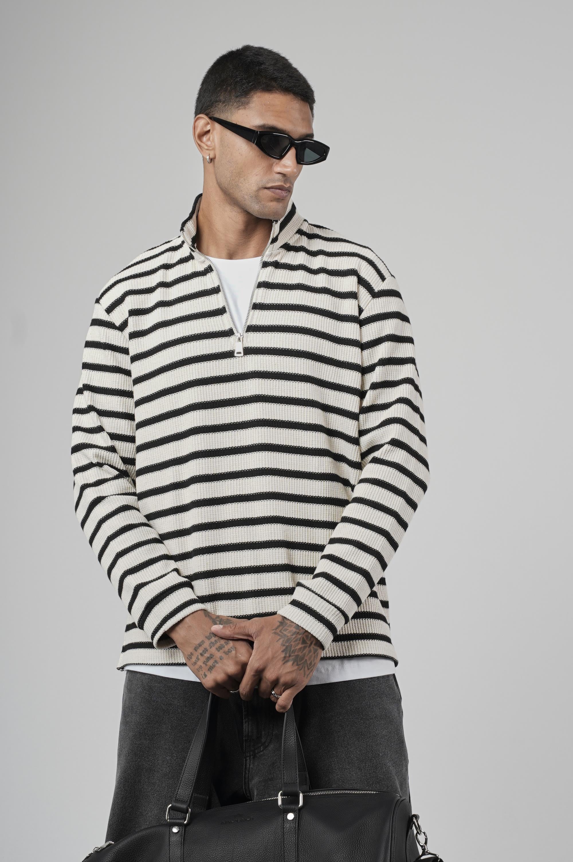 Yarım Fermuarlı Çizgili Regular Kalıp Jakarlı Sweatshirt