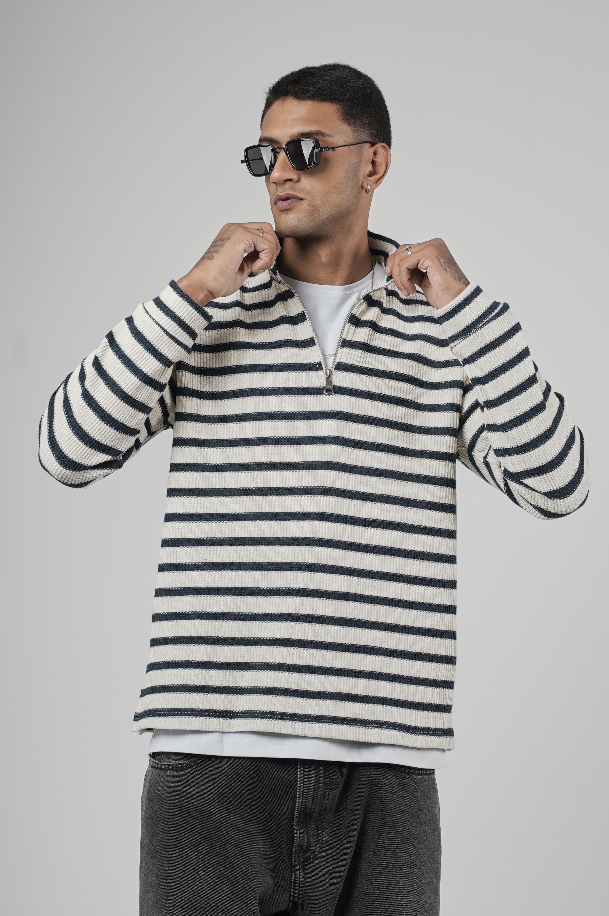 Yarım Fermuarlı Çizgili Regular Kalıp Jakarlı Sweatshirt